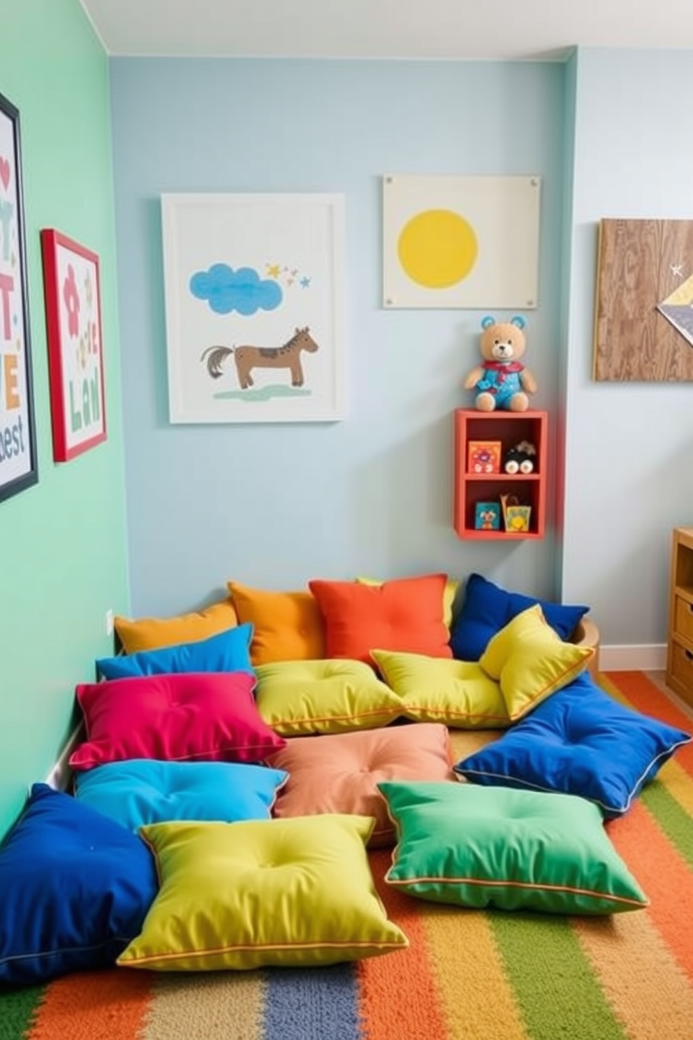 A vibrant children's playroom filled with colorful floor cushions arranged in a cozy nook. The walls are painted in bright primary colors, and playful artwork adorns the space, creating an inviting atmosphere for creativity and fun.