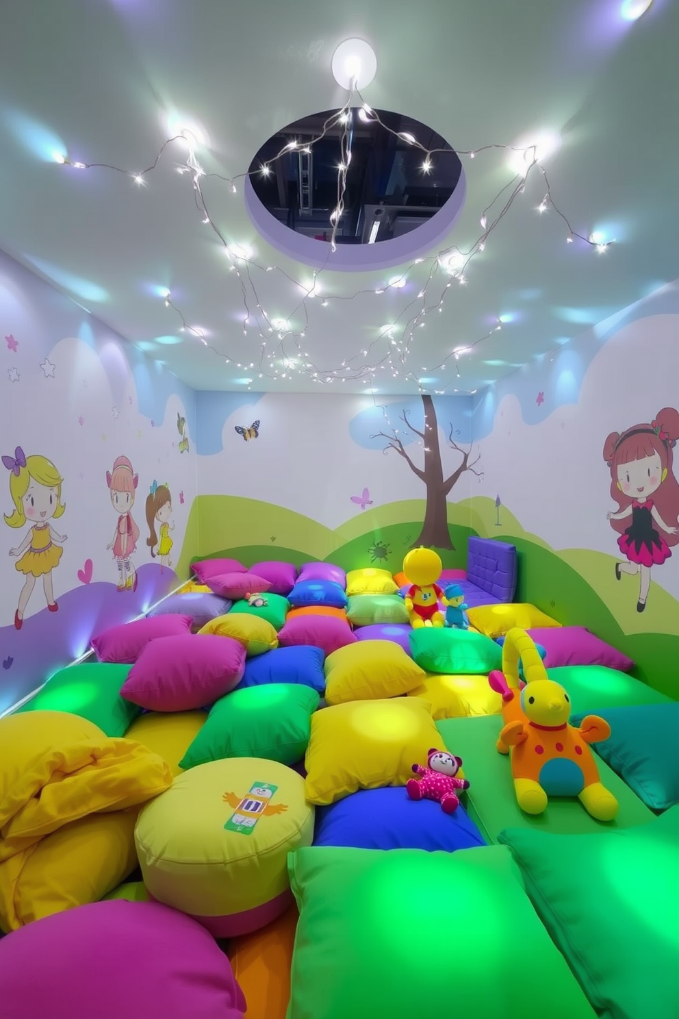 A light-up play area filled with colorful soft cushions and playful toys. The walls are adorned with whimsical murals of cartoon characters, and fairy lights twinkle overhead, creating a magical atmosphere.