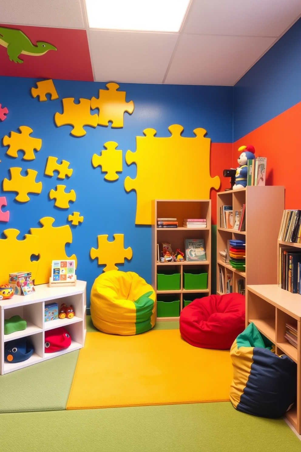 A vibrant children's playroom filled with interactive puzzle wall elements that encourage problem-solving and creativity. The walls are painted in bright primary colors, featuring various shapes and sizes of puzzles that can be rearranged and manipulated by little hands. Soft, cushioned flooring provides a safe area for play, while a cozy reading nook with colorful bean bags invites children to relax with their favorite books. Shelves filled with toys and games are easily accessible, ensuring a fun and organized space for imaginative play.