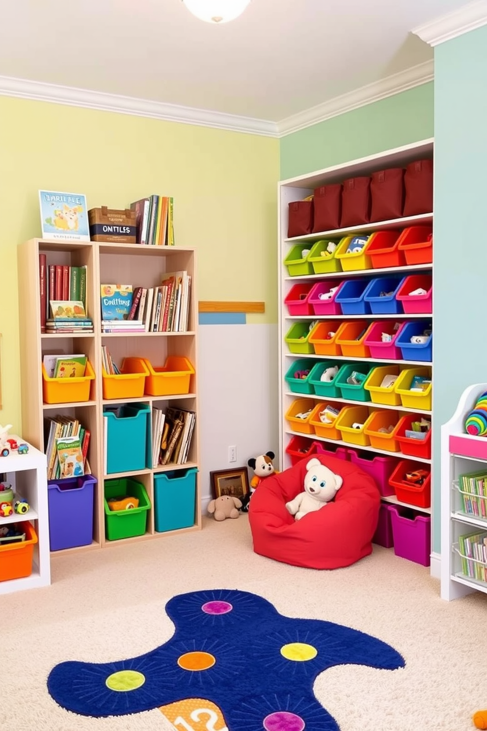 A vibrant children's playroom filled with colorful bins for toy organization. The walls are painted in cheerful pastel shades, and the floor is covered with a soft, plush carpet for comfort. In one corner, a large bookshelf holds an array of books and toys, while the colorful bins are neatly arranged on shelves, making it easy for kids to access their favorite items. A cozy reading nook features a small bean bag chair and a whimsical rug, inviting children to relax and enjoy their stories.