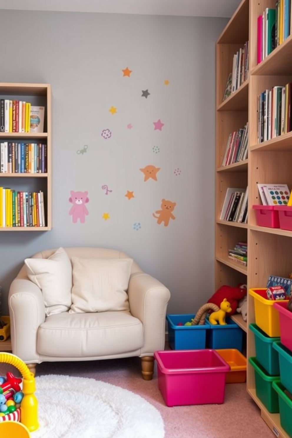 Cozy reading nook with soft cushions. A plush armchair is nestled in the corner, surrounded by shelves filled with colorful books. Children's playroom design ideas. The space features vibrant wall decals, a soft play mat, and an array of toys neatly organized in bright bins.