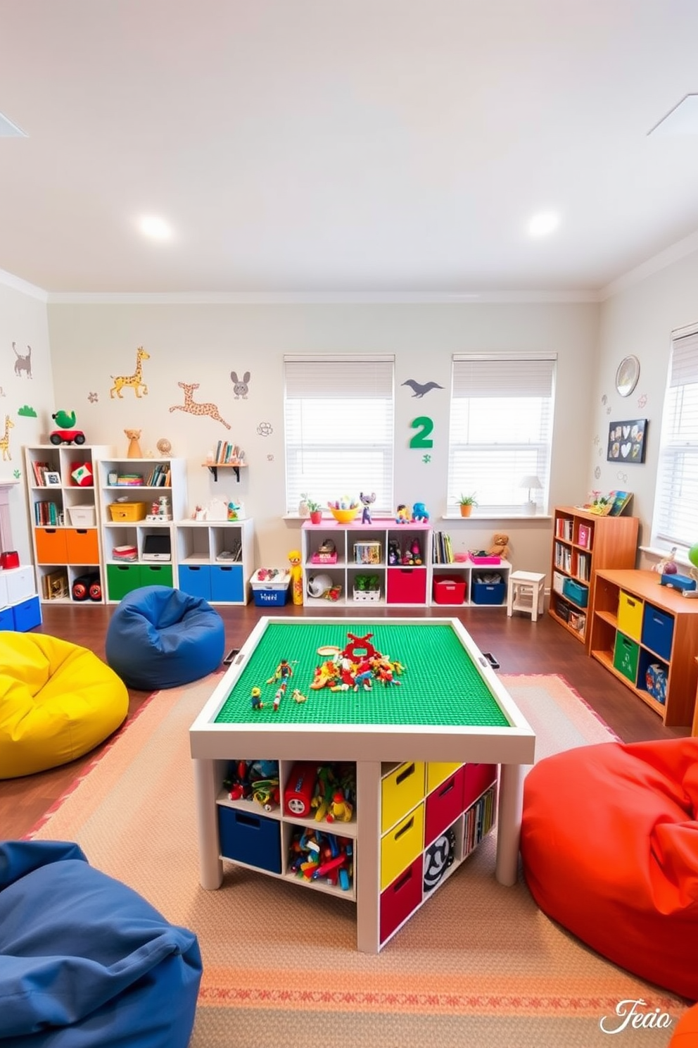 A bright and cheerful children's playroom filled with colorful furniture and playful decor. In the center, a large DIY Lego table with built-in storage compartments for easy access to bricks and accessories. The walls are painted in a soft pastel color, adorned with fun wall decals of animals and shapes. Cozy seating areas with bean bags and a small reading nook create inviting spaces for relaxation and creativity.