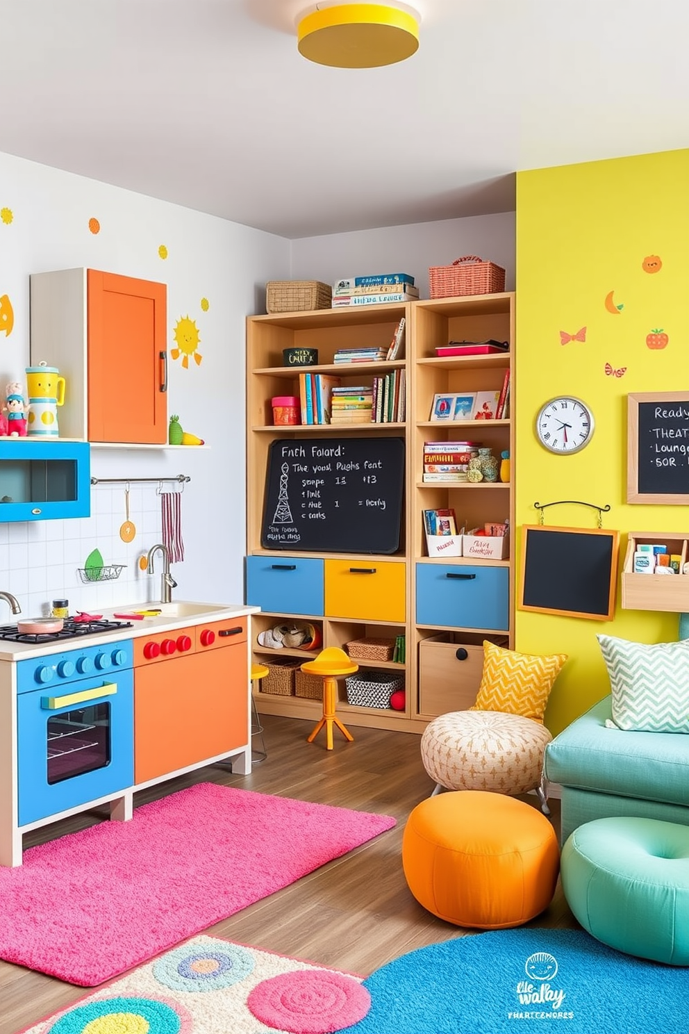 A whimsical play kitchen designed for imaginative cooking play. It features colorful cabinets, a miniature stove with knobs, and a sink with a playful faucet. The countertops are adorned with a variety of pretend food items and cooking utensils. Brightly colored rugs and wall decals create a cheerful and inviting atmosphere. A cozy children's playroom filled with soft seating and vibrant decor. The walls are painted in cheerful pastel colors, and a large bookshelf is filled with storybooks and toys. Various play zones are designated for different activities, including an art corner with supplies and a reading nook with plush cushions. Interactive elements like a chalkboard wall and a puppet theater encourage creativity and play.