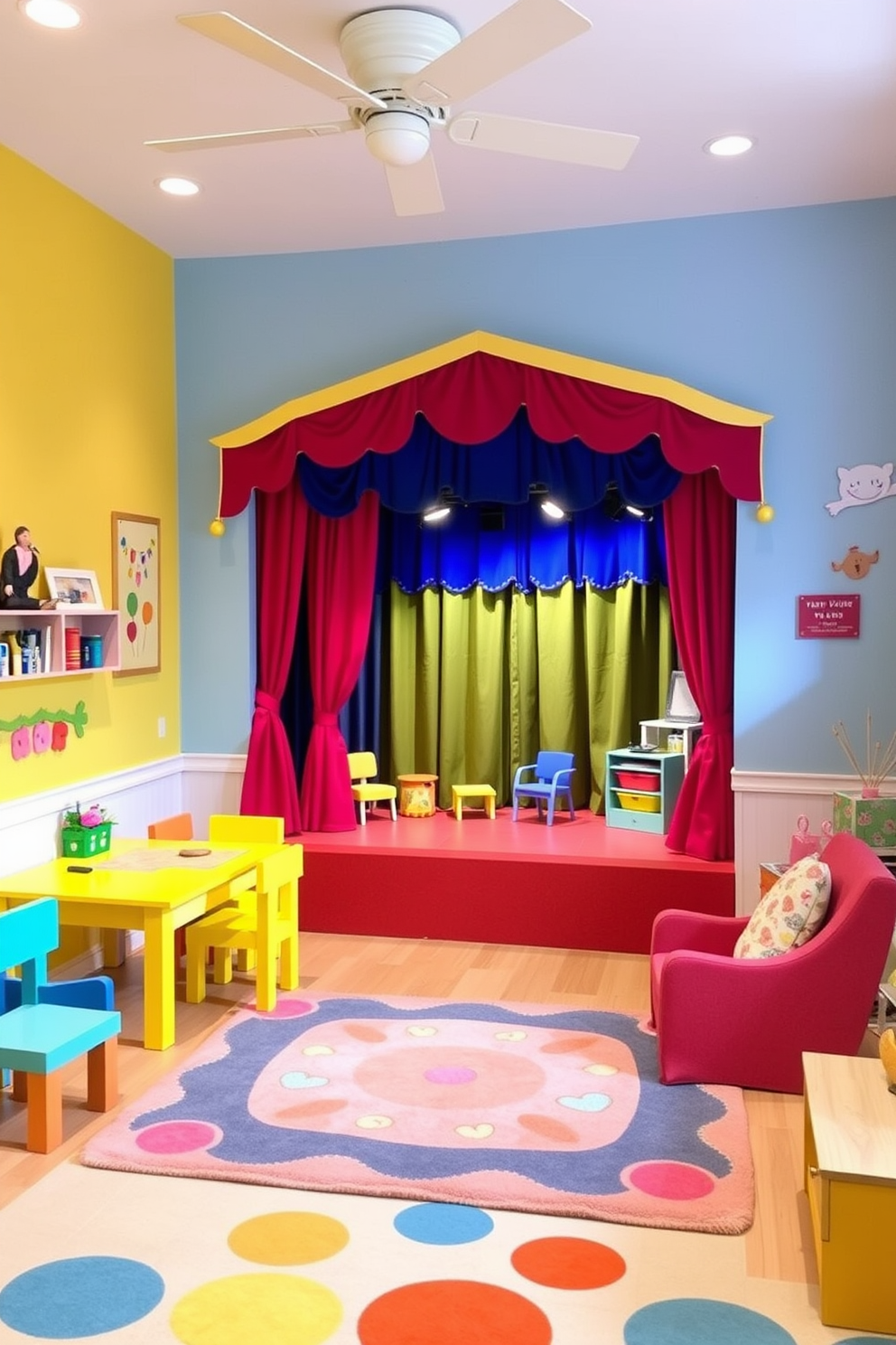 A whimsical children's playroom filled with colorful furniture and playful decor. The walls are painted in bright primary colors, and a soft, cushioned rug covers the floor for comfort during playtime. A miniature stage designed for performances and plays, featuring a vibrant curtain and adjustable lighting. The stage is surrounded by cozy seating for an audience, with whimsical decorations that inspire creativity and imagination.