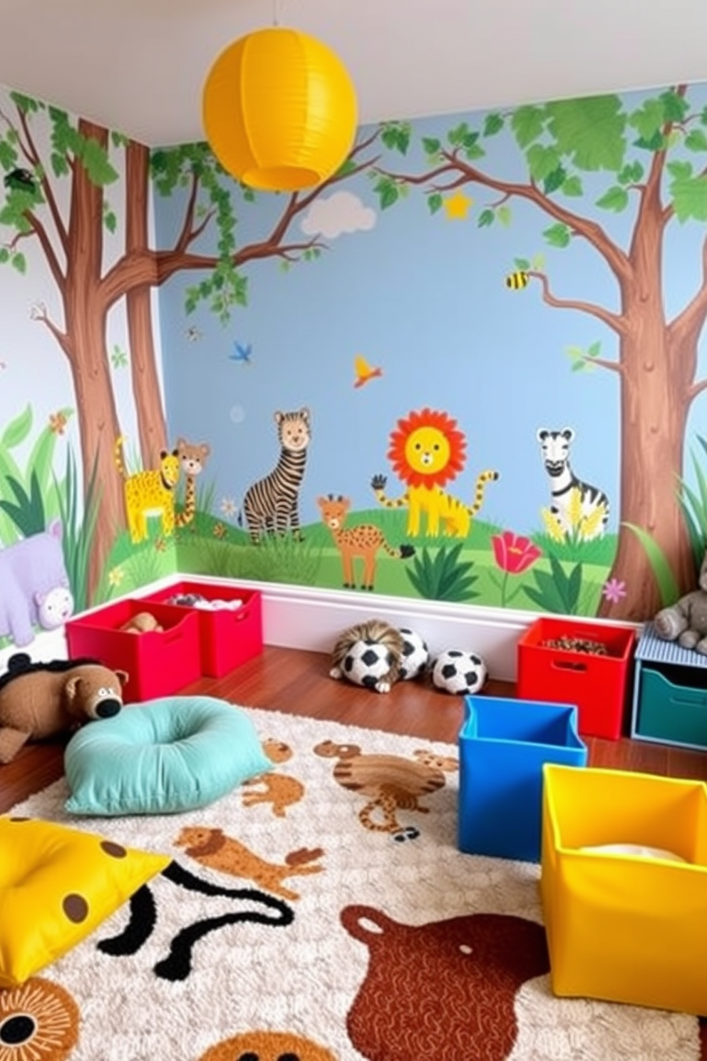 A vibrant children's playroom filled with animal-themed decor creates a playful atmosphere. Colorful wall murals depict various animals in a whimsical jungle setting, while plush animal-shaped cushions are scattered across the floor. Brightly colored storage bins shaped like different animals provide a fun and functional way to organize toys. A soft area rug featuring animal prints adds comfort and enhances the theme, inviting children to play and explore.