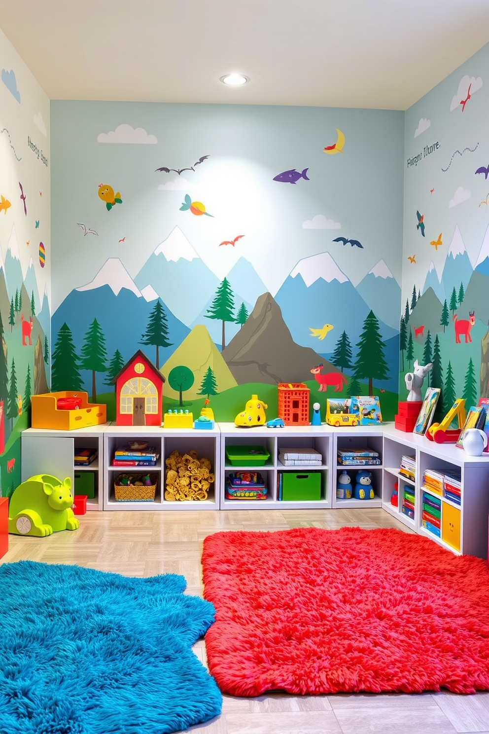 A vibrant children's playroom filled with wall decals that inspire adventure. The walls are adorned with colorful decals of mountains, forests, and whimsical creatures, creating an imaginative atmosphere. Soft, plush rugs in bright colors cover the floor, providing a cozy area for play. A variety of toys and books are neatly organized on low shelves, encouraging creativity and exploration.