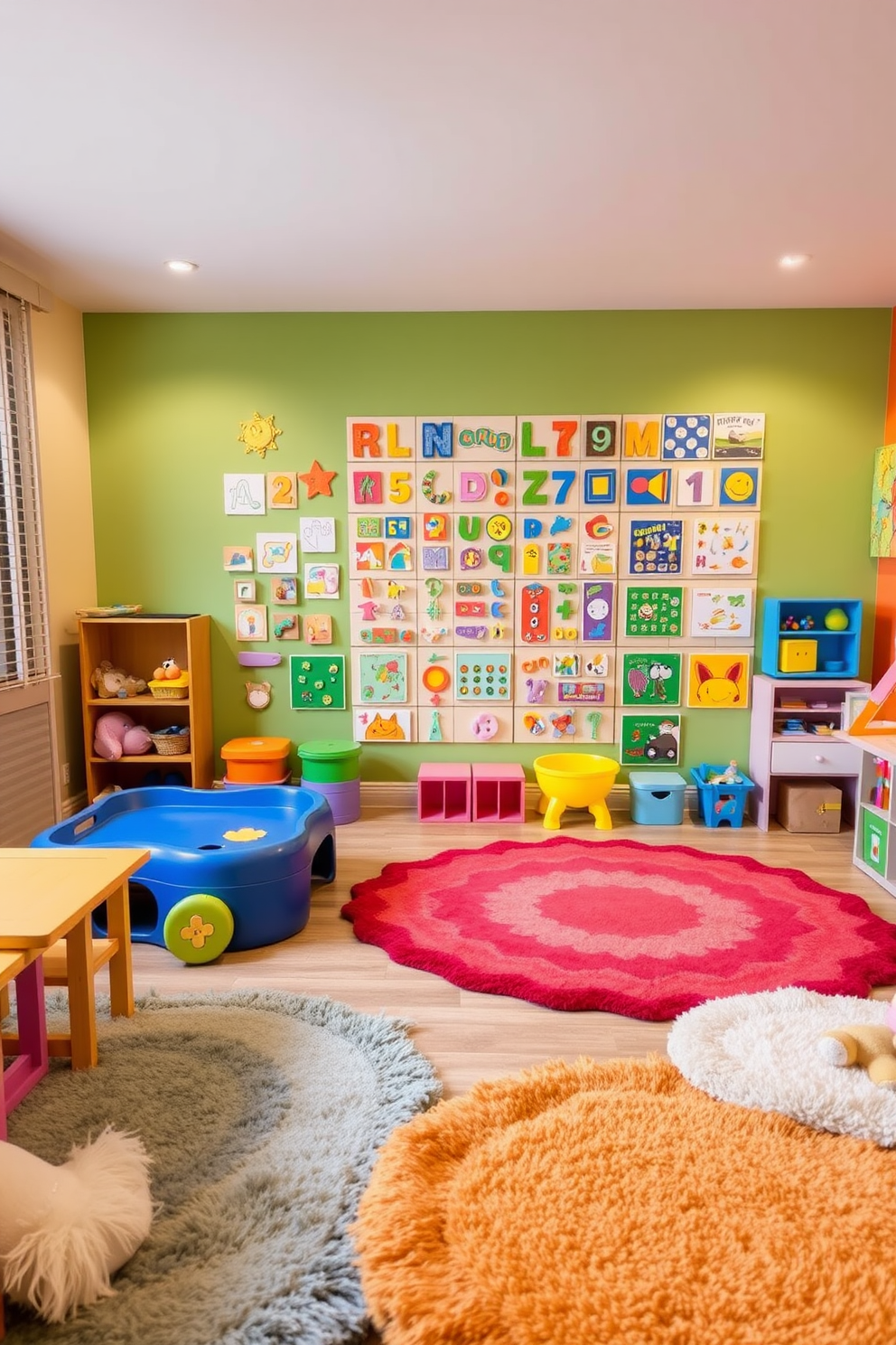 A vibrant children's playroom filled with an activity wall featuring various games and puzzles. The walls are painted in bright colors, and soft, playful rugs cover the floor, creating a warm and inviting atmosphere.