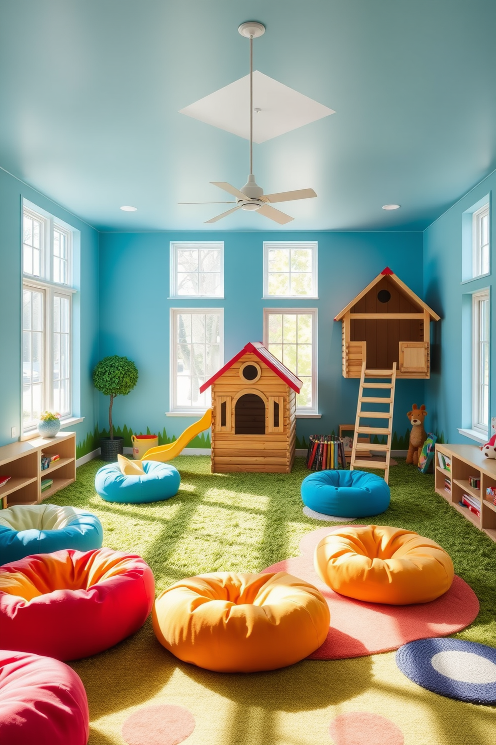 A vibrant children's playroom filled with outdoor-inspired elements. The walls are painted in a bright sky blue, and large windows let in plenty of natural light, creating an airy atmosphere. Colorful bean bags and soft rugs mimic a grassy landscape, inviting children to play comfortably. A wooden playhouse in one corner features a small slide and climbing wall, encouraging active play.