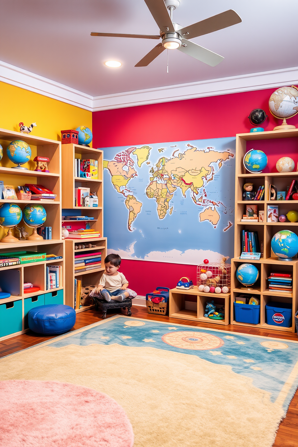 A vibrant children's playroom filled with interactive globes and maps designed for learning. The walls are painted in bright colors, and soft rugs cover the floor to create a cozy space for play and exploration. In one corner, a large world map mural encourages children to discover different countries and cultures. Shelves are stocked with educational toys, books, and globe models, inviting curiosity and interactive learning.