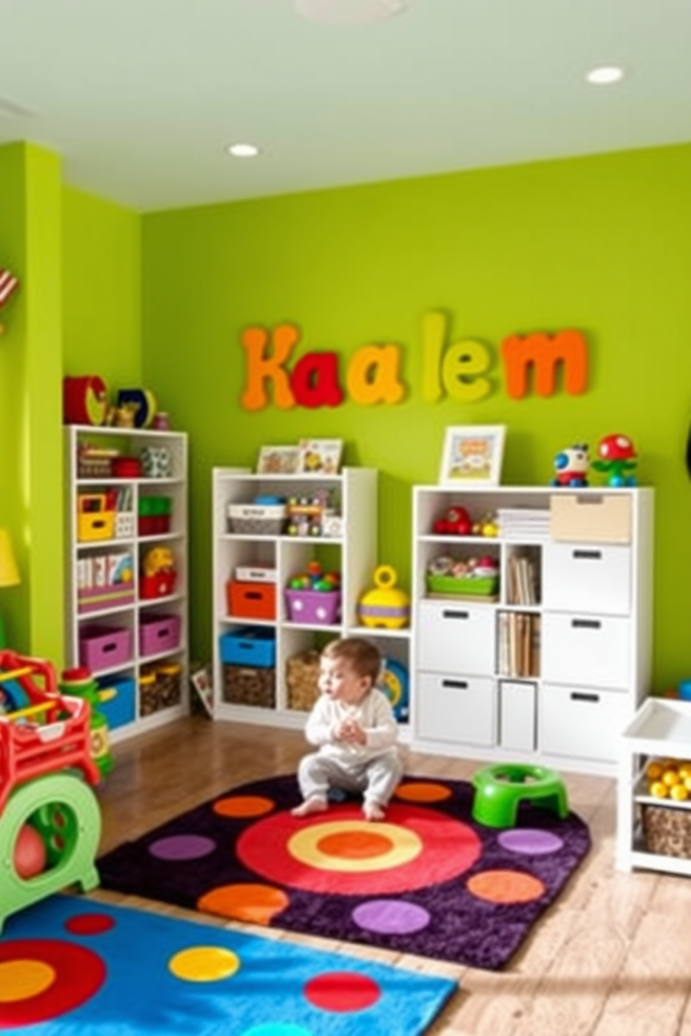 A vibrant children's playroom filled with creativity and fun. The walls are adorned with personalized name wall art featuring bright colors and playful fonts that reflect each child's personality. Soft, colorful rugs cover the floor, providing a cozy area for play. Shelves filled with toys and books are organized for easy access, creating an inviting space for imagination and learning.