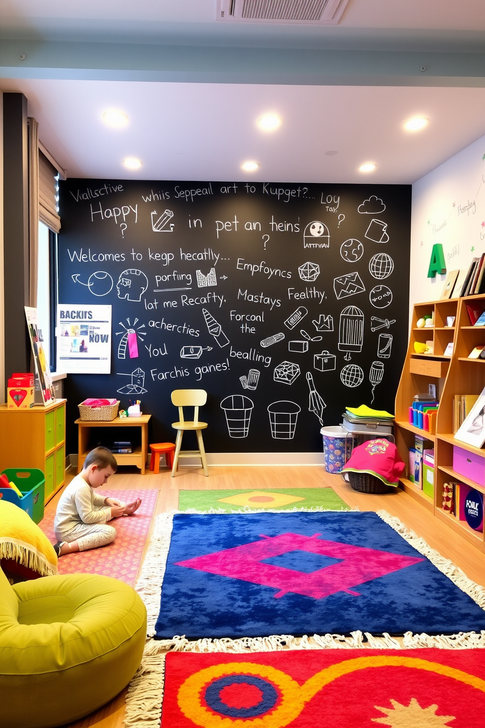 A vibrant children's playroom featuring an interactive chalkboard wall that encourages creativity and self-expression. The space is filled with colorful rugs, plush seating, and a variety of art supplies readily available for imaginative play.