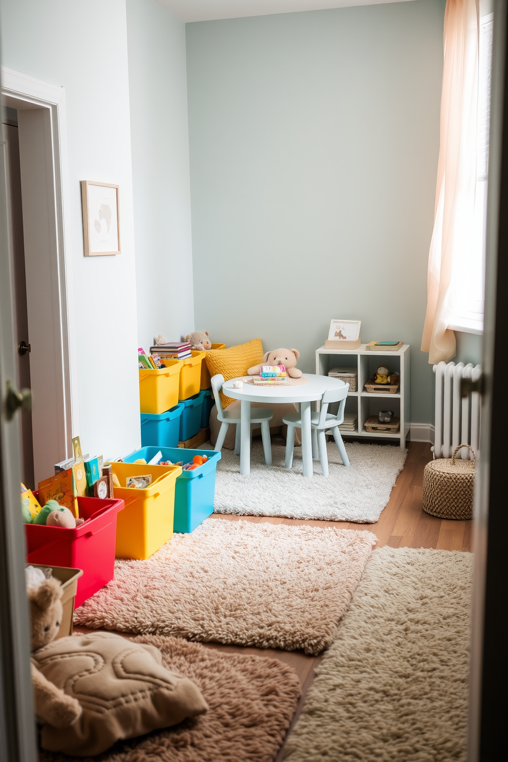 A quiet corner filled with calming colors and soft textures. The walls are painted in a gentle pastel hue, and plush rugs cover the floor, creating a cozy atmosphere. Colorful storage bins are neatly arranged, filled with toys and books. A small table with comfortable seating invites creative play and imaginative activities.