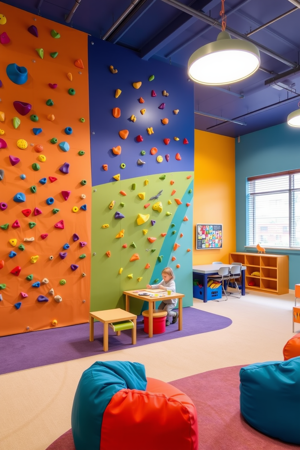 A vibrant children's playroom featuring an indoor climbing wall designed for active play. The climbing wall is adorned with colorful holds and textures, set against a backdrop of bright, cheerful wall colors. Soft, cushioned flooring provides safety and comfort for children as they explore. A variety of playful furniture pieces, including bean bags and a small table for arts and crafts, create an inviting atmosphere for creativity and fun.