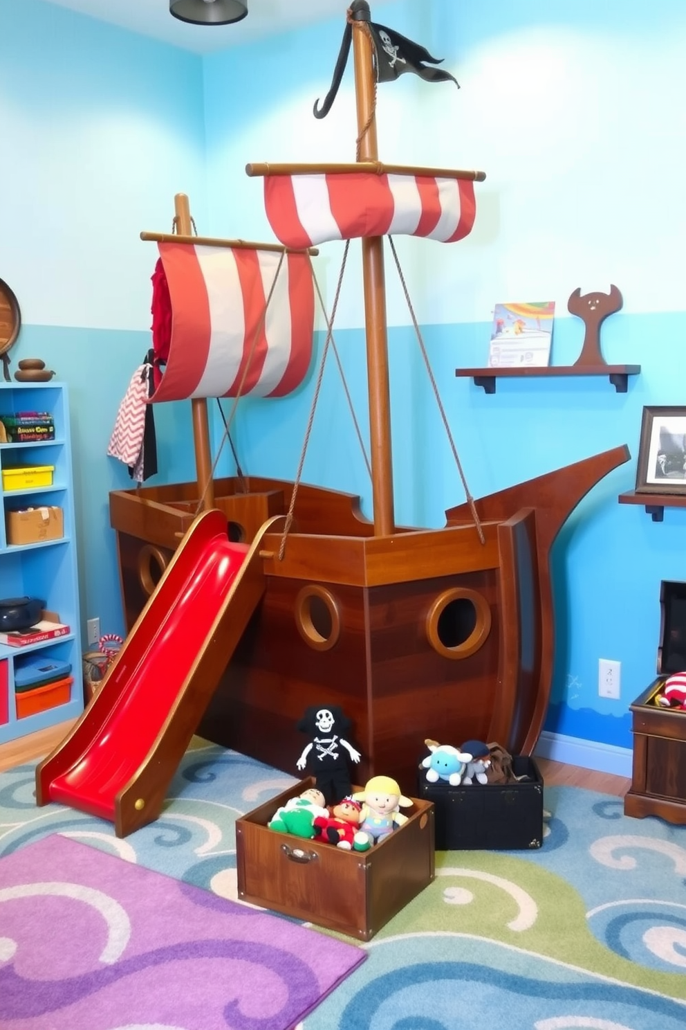 A whimsical children's playroom designed as a pirate ship. The room features a wooden ship structure with a slide and climbing ropes, surrounded by ocean-themed decor and bright blue walls. Soft, colorful rugs resembling ocean waves cover the floor, providing a comfortable play area. Shelves are filled with toys and books, while a treasure chest sits in the corner, overflowing with plush pirate-themed toys.