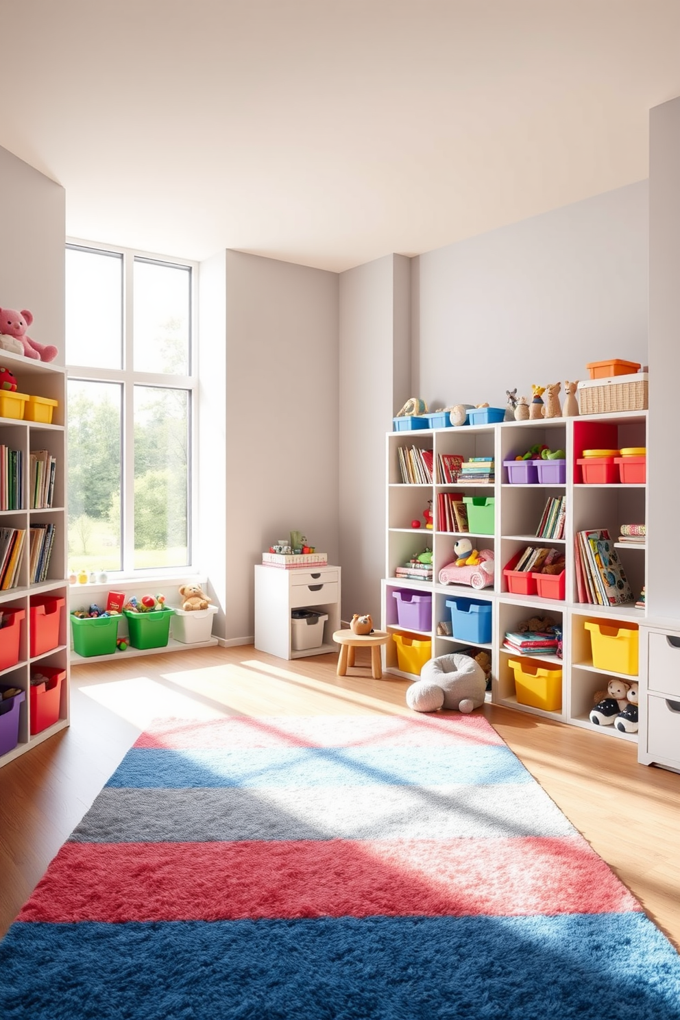 A bright and cheerful children's playroom filled with modular storage solutions. Colorful bins and shelves are neatly arranged along the walls, providing easy access to toys and books. The room features a soft, plush rug in vibrant hues, creating a cozy play area. Large windows allow natural light to flood in, enhancing the playful atmosphere.