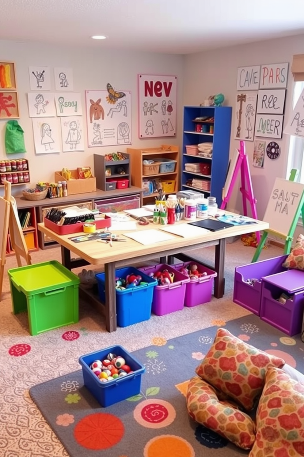 Art station with supplies and easels. The space features a large, sturdy table covered with various art supplies including paints, brushes, and sketch pads. Brightly colored easels are arranged around the room, inviting creativity and exploration. The walls are adorned with children's artwork, creating a vibrant and inspiring atmosphere. Children's playroom design ideas. The room includes a soft, plush carpet for comfort and safety, with playful patterns to engage young minds. A variety of toys are neatly organized in colorful bins, and a cozy reading nook with cushions encourages quiet time and imagination.