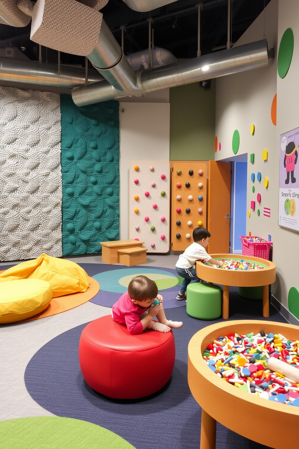 Create a sensory play zone designed for children, featuring a variety of textured materials such as soft rugs, tactile wall panels, and interactive sensory tables. The space is filled with vibrant colors and playful furniture, including bean bags and low tables, encouraging exploration and creativity. Incorporate elements like a climbing wall and a sensory bin filled with different materials for hands-on play. The walls are adorned with playful artwork and educational displays that stimulate curiosity and learning.