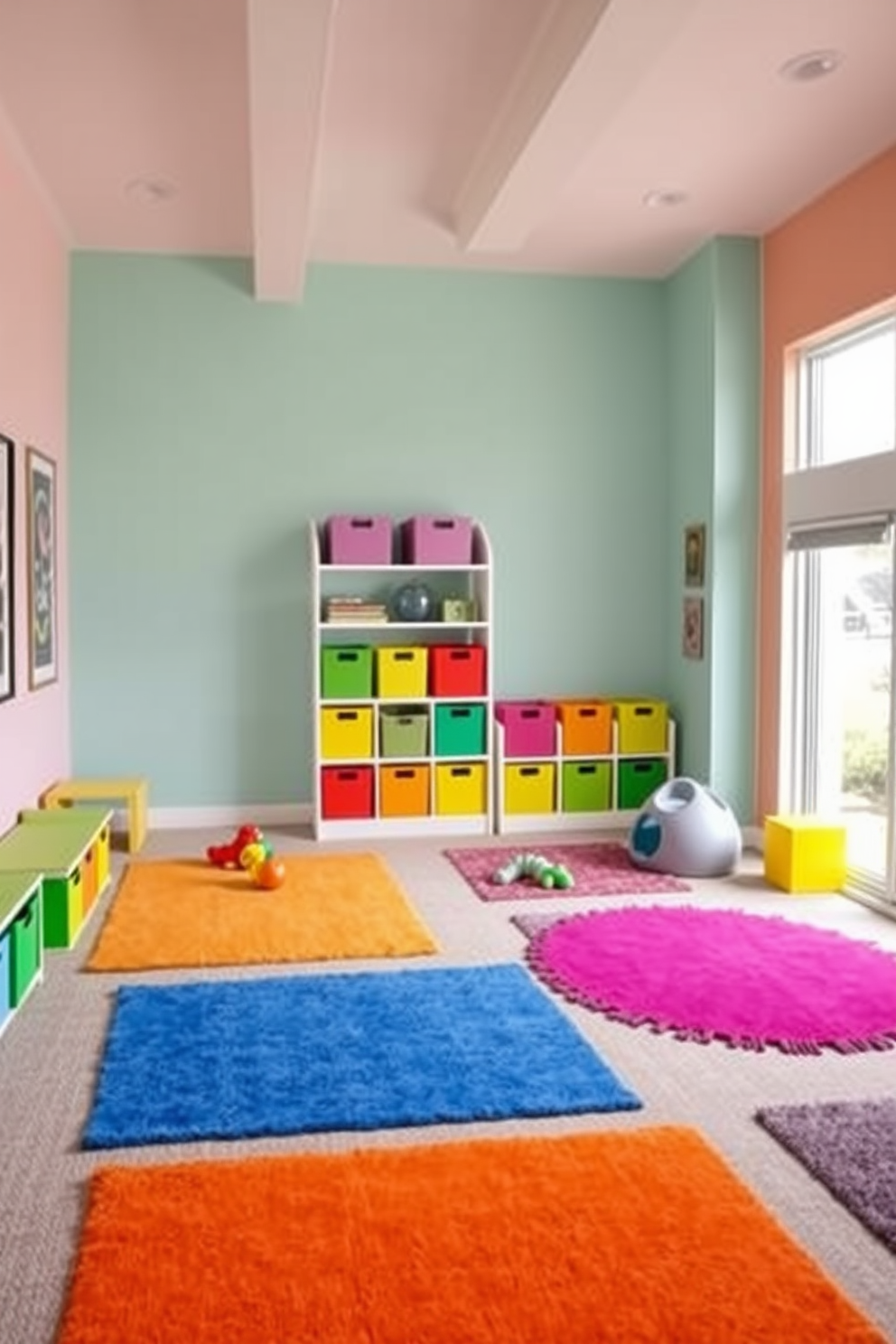 A vibrant children's playroom filled with bright rugs to define play zones. The walls are painted in cheerful pastel colors, and colorful storage bins are scattered throughout the space.