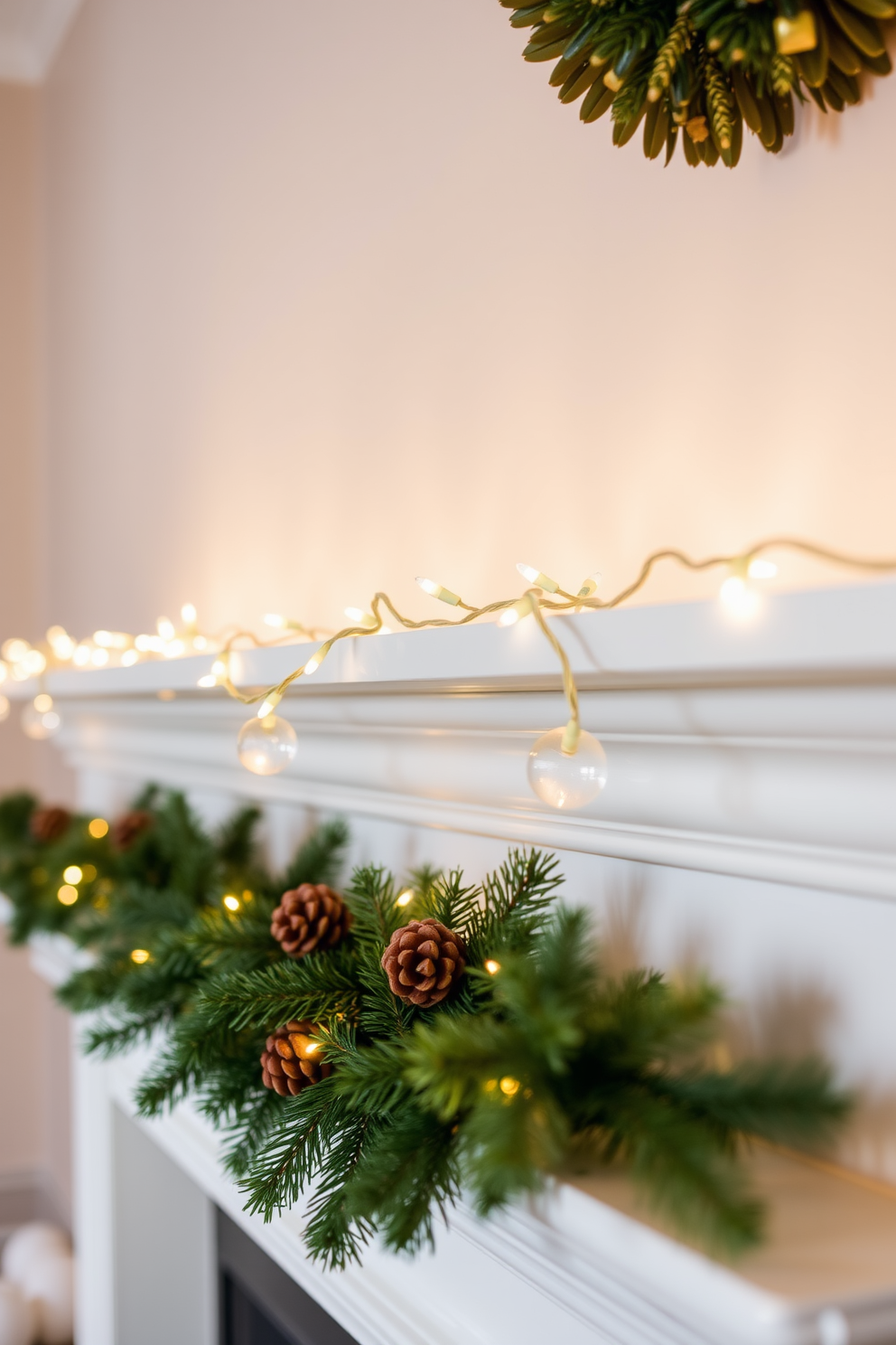 Elegant white lights twinkle softly along the mantel, creating a warm and inviting atmosphere. The mantel is adorned with festive decorations, including pinecones and evergreen branches, enhancing the holiday spirit.