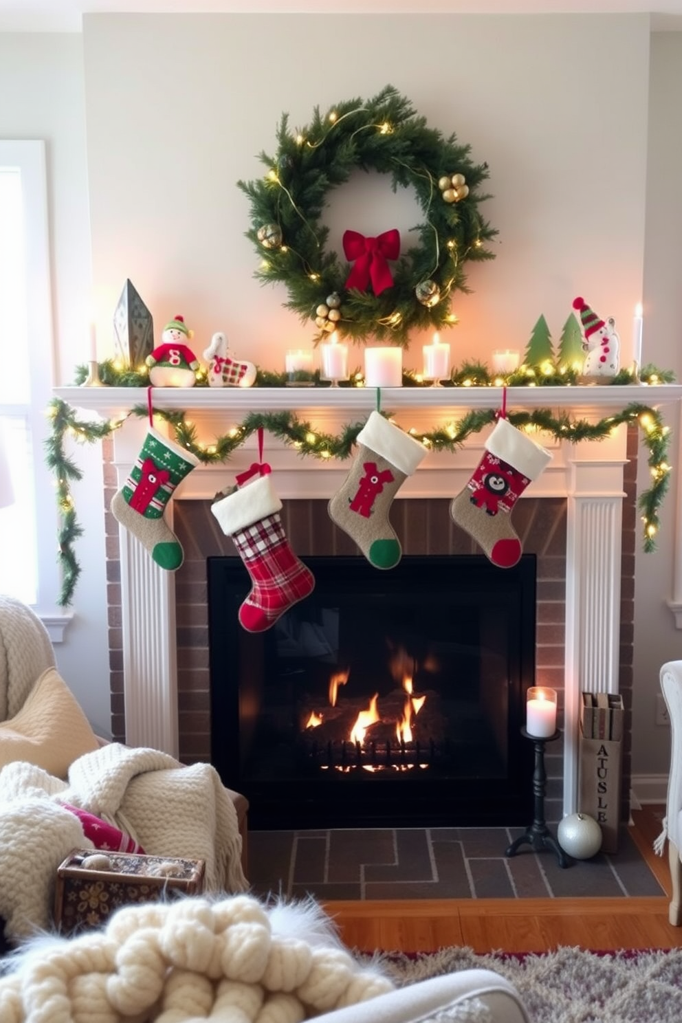 A cozy living room adorned for the holidays. The fireplace is decorated with handmade stocking holders featuring festive designs, each holding a colorful stocking ready for Christmas. Surrounding the fireplace, a warm glow emanates from twinkling string lights and candles. Plush throw blankets and seasonal pillows add a touch of comfort to the inviting space.