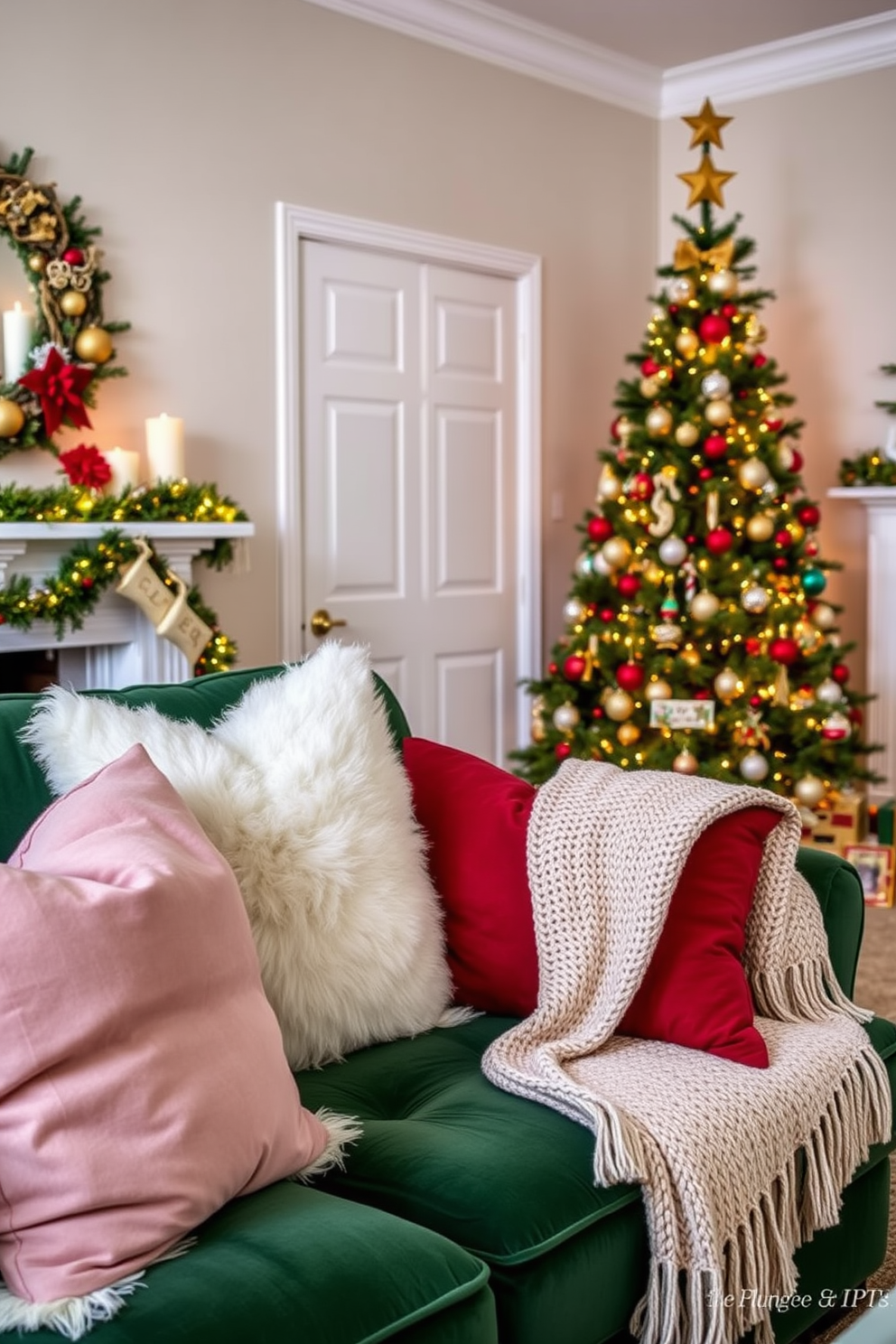 Layered textures create a cozy and inviting atmosphere in a Christmas-themed living room. Plush pillows in various fabrics are artfully arranged on a deep green velvet sofa, complemented by soft knitted throws draped over the armrest. A beautifully decorated Christmas tree stands in the corner, adorned with twinkling lights and colorful ornaments. The room is accented with festive decor, including a garland on the mantel and scented candles that enhance the holiday spirit.