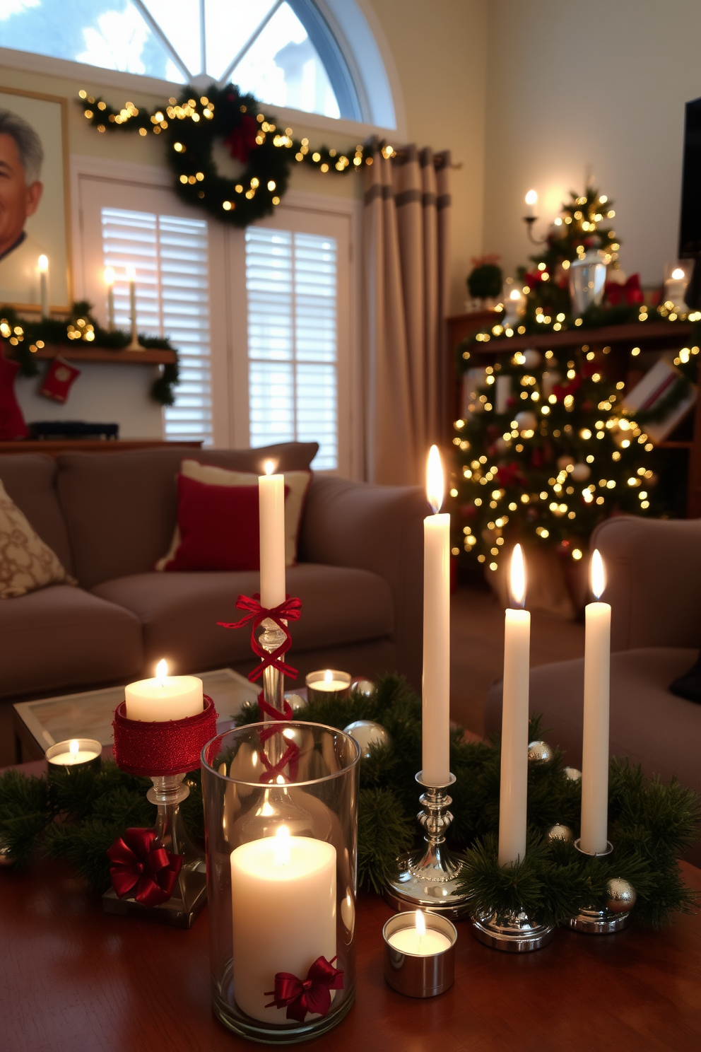 A cozy living room adorned with candles in festive holders creates a warm and inviting atmosphere. The flickering candlelight casts a soft glow on the surrounding decorations, enhancing the Christmas spirit throughout the space.