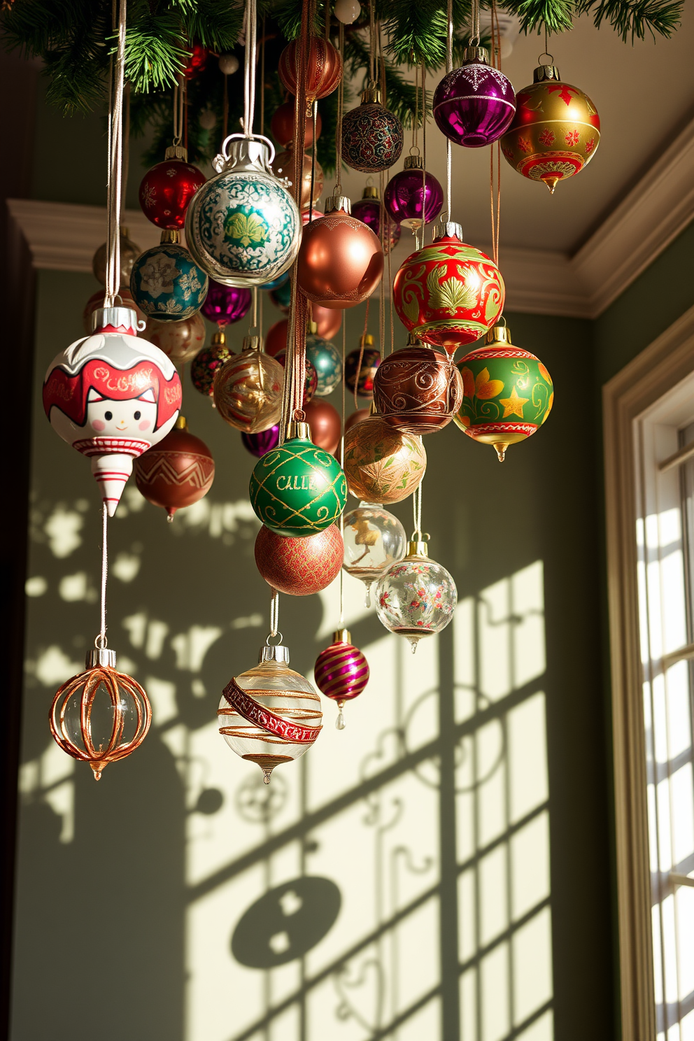 Create a whimsical Christmas home decorating scene featuring hanging ornaments from the ceiling. The ornaments should be a mix of vibrant colors and intricate designs, casting playful reflections on the walls below.