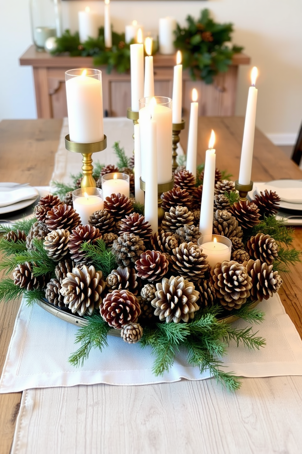 A festive table centerpiece featuring an arrangement of natural pinecones surrounded by an assortment of elegant candles in varying heights. The centerpiece is set on a rustic wooden table, complemented by a soft white table runner and seasonal greenery for a cozy holiday atmosphere.