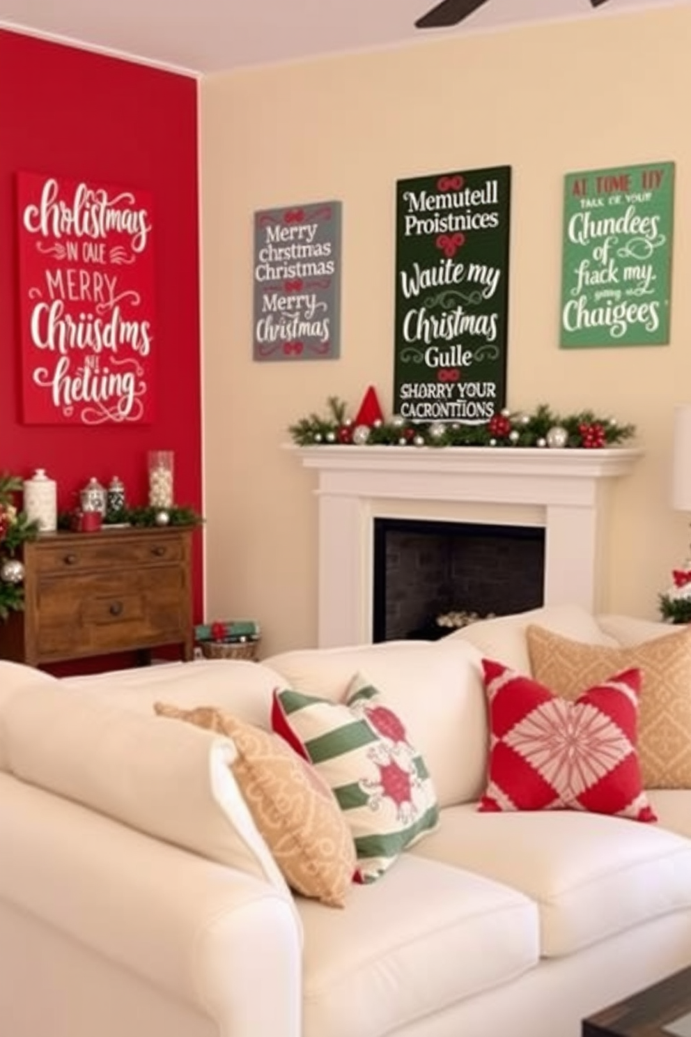 Festive wall art showcasing holiday quotes adorns the living room walls. The vibrant colors and cheerful designs create a warm and inviting atmosphere perfect for the Christmas season.