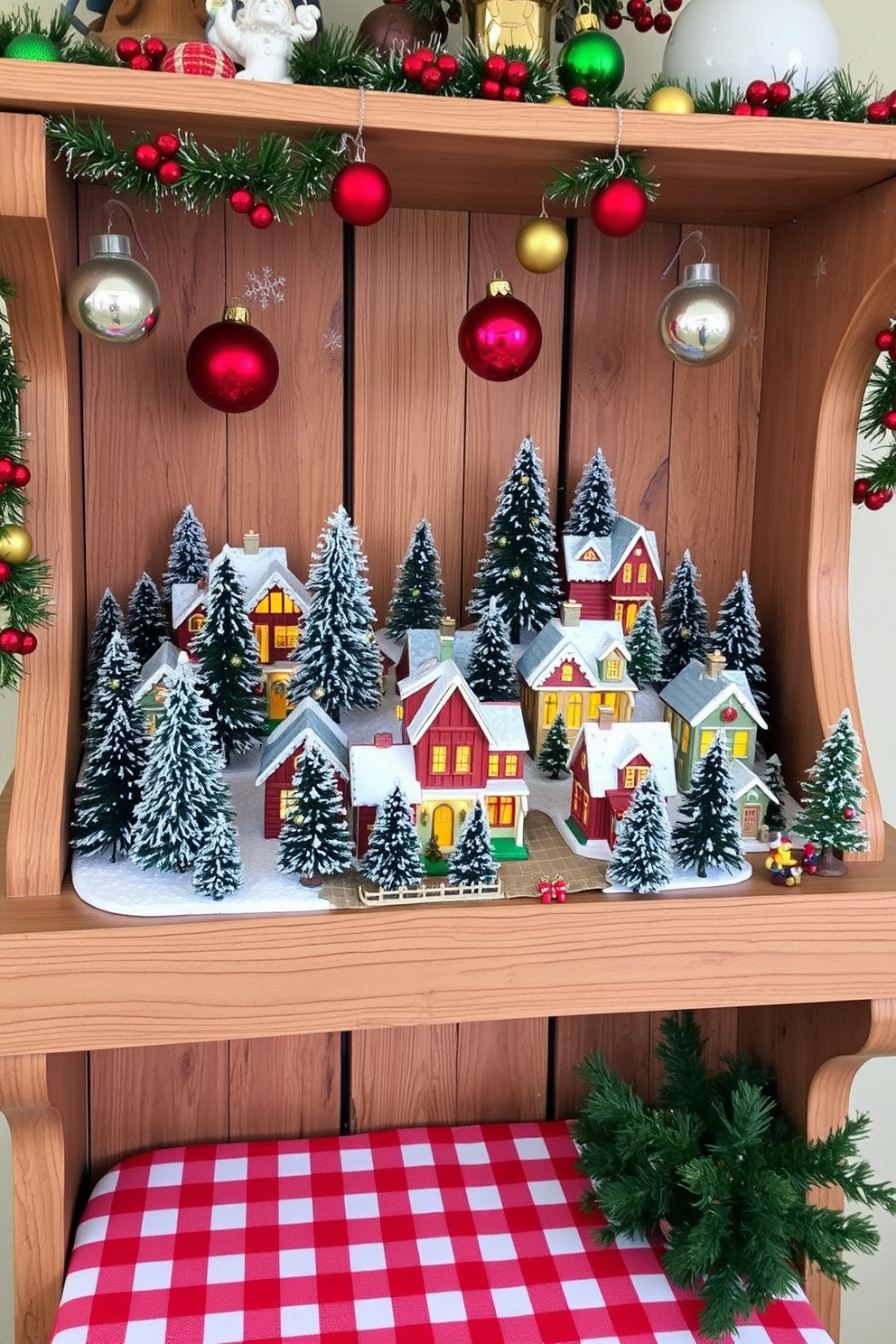 A charming miniature Christmas village is displayed on a rustic wooden shelf. The village features quaint houses adorned with twinkling lights and miniature trees dusted with snow. Colorful ornaments and festive garlands are draped around the shelf to enhance the holiday spirit. A cozy red and white checkered tablecloth beneath the village adds warmth and charm to the display.