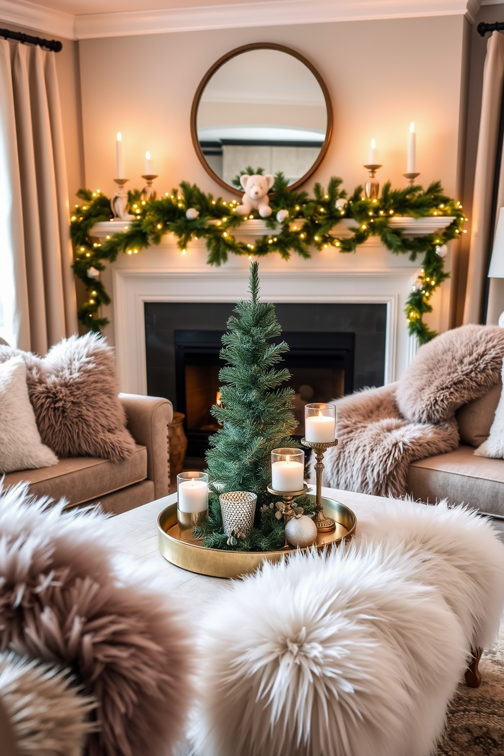 A cozy living room adorned with faux fur accents. Plush faux fur throw pillows and a soft faux fur blanket drape over a stylish couch, creating an inviting atmosphere. The fireplace is decorated with festive garlands and twinkling lights. A beautifully set coffee table features a decorative tray with scented candles and a small Christmas tree.