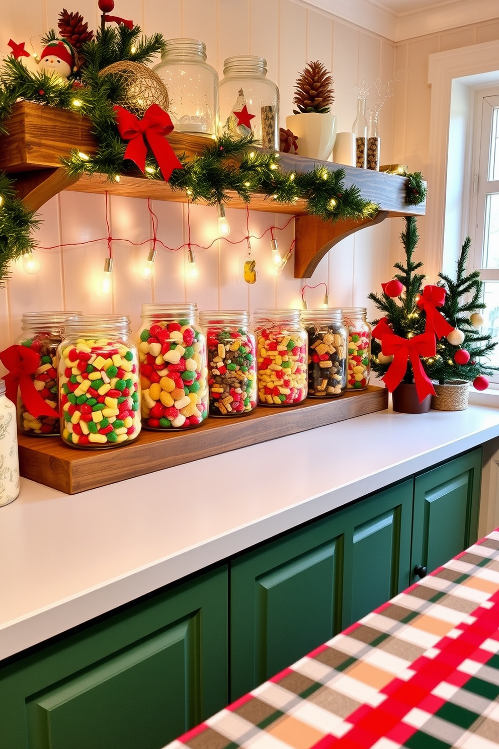 A cozy holiday kitchen adorned with glass jars filled with colorful Christmas treats. The jars are arranged on a rustic wooden shelf, surrounded by twinkling fairy lights and festive greenery. The countertops are decorated with a cheerful red and white tablecloth, complementing the vibrant colors of the jars. A small Christmas tree sits in the corner, adding warmth and holiday spirit to the space.