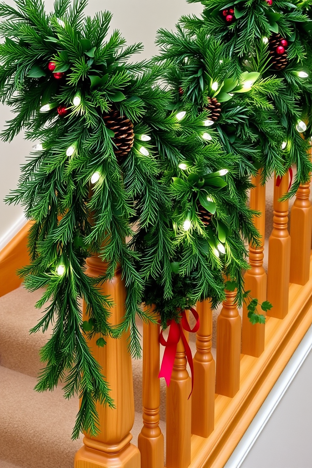 Fresh greenery garlands drape elegantly along the stair railings, enhancing the festive atmosphere of the home. The rich green hues contrast beautifully with the warm wooden tones of the railing, creating a welcoming and cheerful holiday display. Delicate white lights twinkle within the garlands, adding a soft glow to the staircase. Ornamental accents, such as red ribbons and pinecones, are interspersed throughout the greenery for a classic Christmas touch.