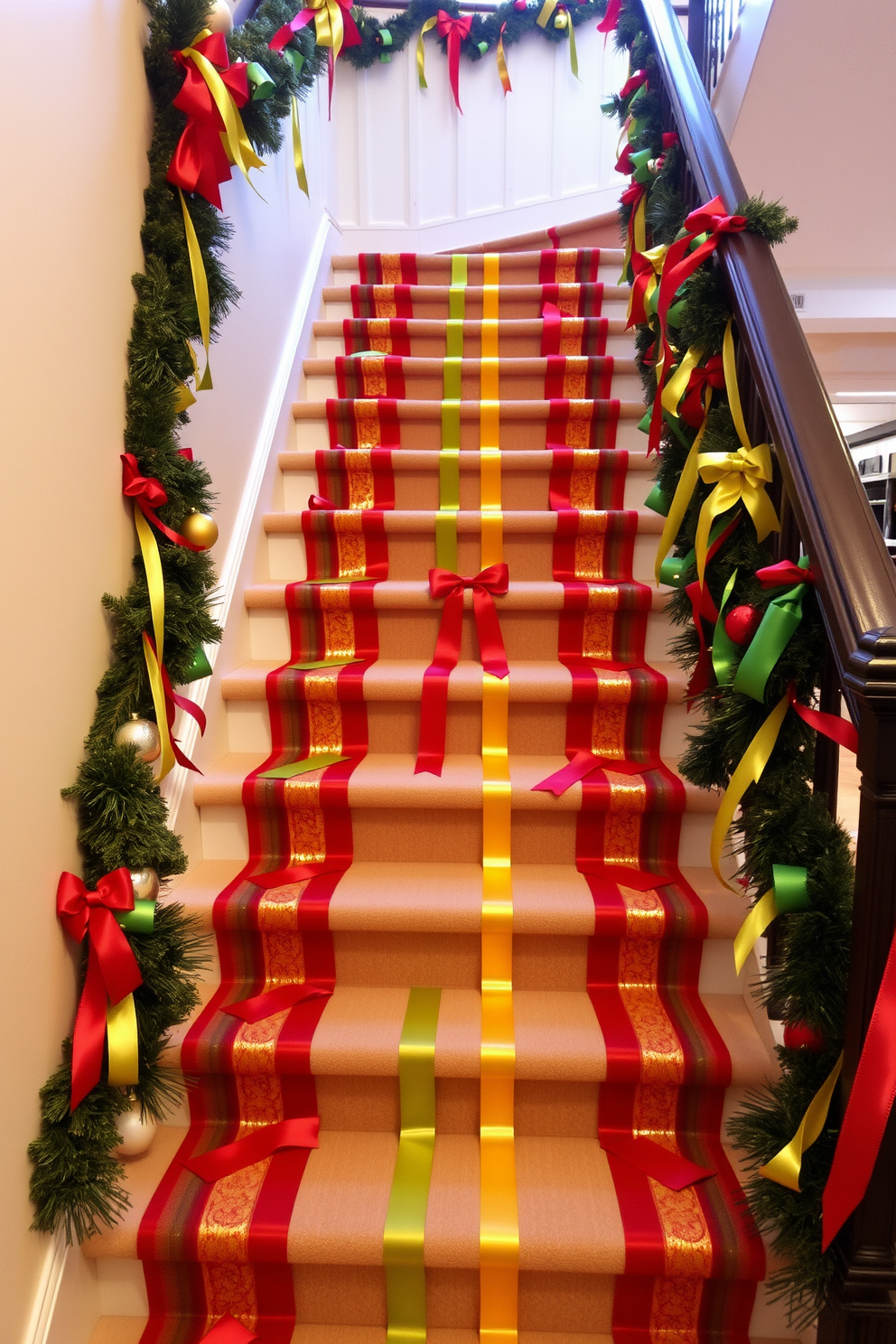 A festive staircase adorned with colorful ribbons cascading down each step. The ribbons are in vibrant shades of red, green, and gold, creating a cheerful holiday atmosphere.