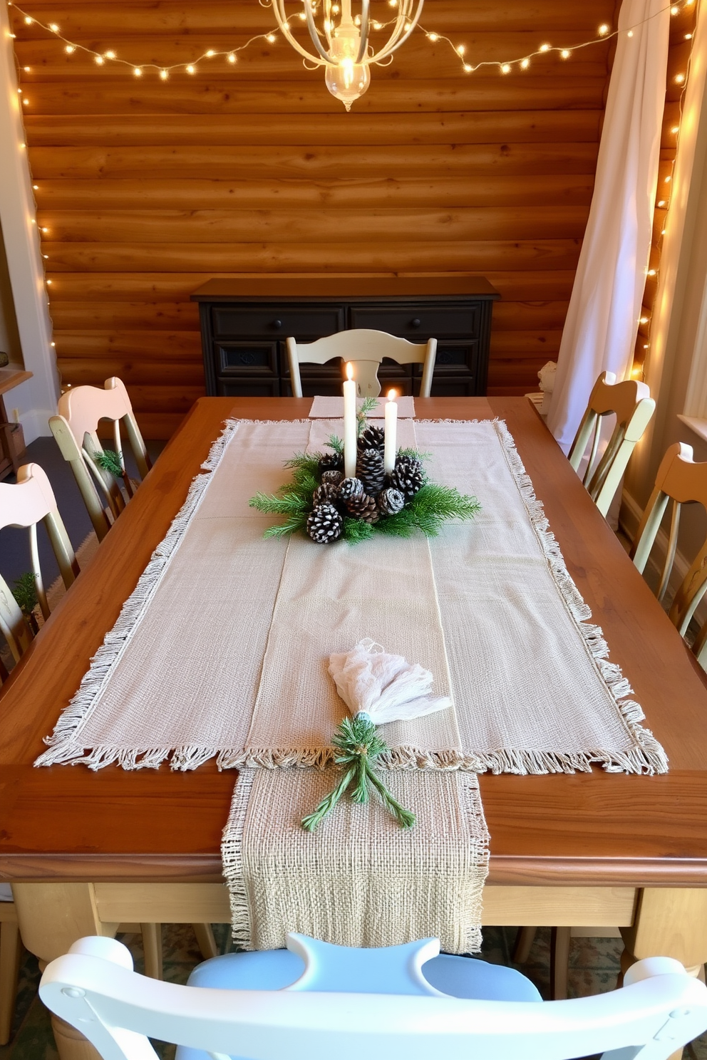 A burlap table runner lays elegantly across a wooden dining table, adding a touch of rustic charm to the festive setting. Surrounding the table are mismatched vintage chairs, each adorned with a small sprig of evergreen for a seasonal touch. On the table, a centerpiece of pinecones and candles creates a warm and inviting atmosphere. Twinkling fairy lights are draped above, casting a soft glow over the entire dining area.