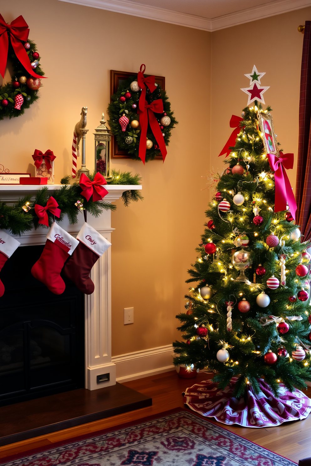 A cozy living room adorned with traditional red and green decorations. A beautifully decorated Christmas tree stands in the corner, adorned with twinkling lights and colorful ornaments. The fireplace is framed with garlands of greenery and red bows. Stockings hang from the mantle, each one personalized and filled with festive treats.