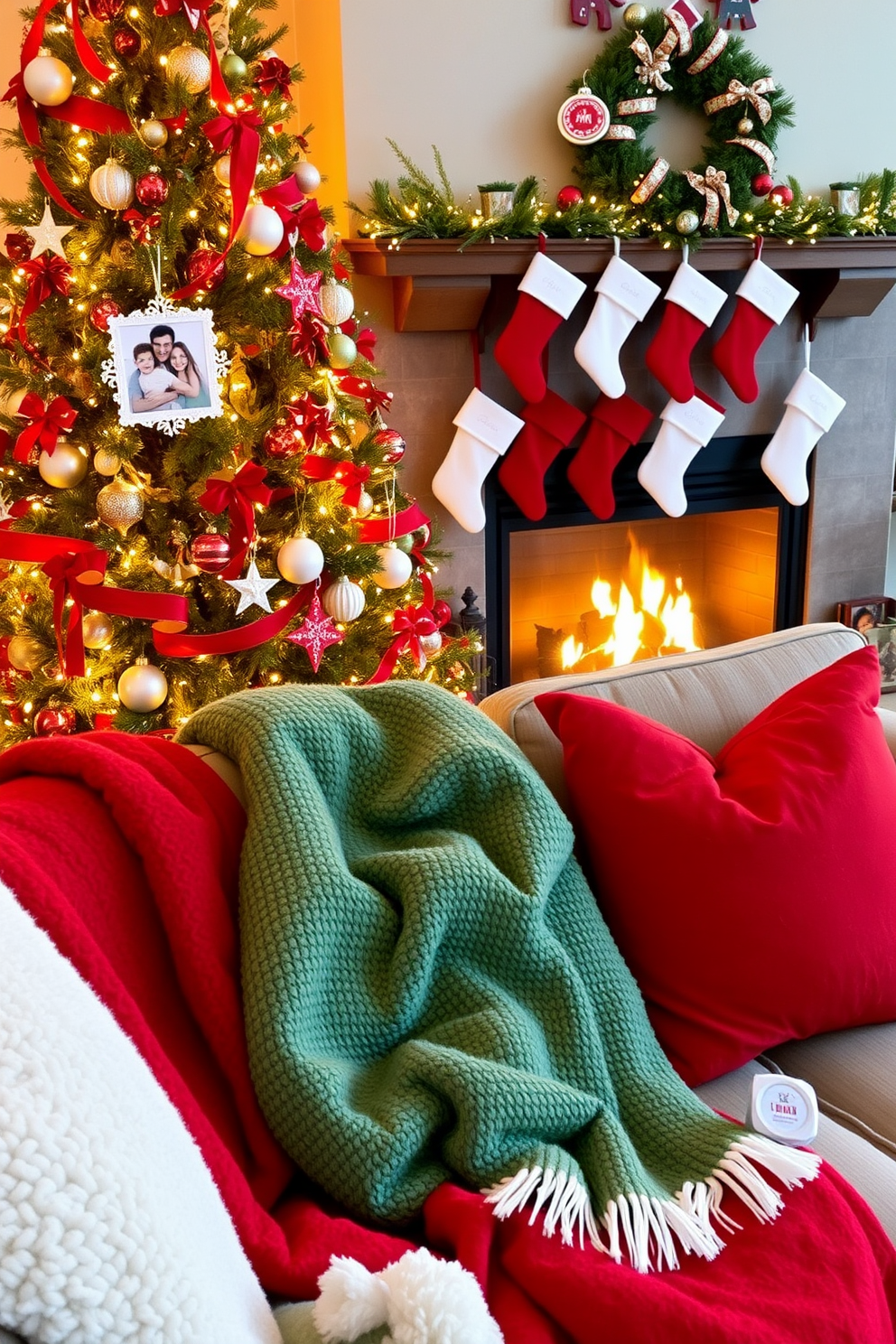 Create a cozy and festive living room setting for Christmas. The room features a beautifully decorated tree adorned with DIY photo ornaments showcasing family memories. In the background, a warm fireplace is lit, surrounded by stockings. Soft, plush throws and pillows in red and green hues are scattered on a comfortable couch, inviting relaxation and holiday cheer.