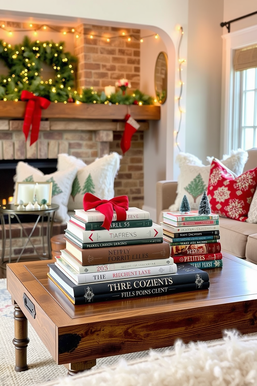 Decorative holiday books are elegantly stacked on a rustic wooden coffee table in a cozy living room. The warm glow of string lights twinkles above, creating a festive atmosphere that invites relaxation and celebration. On a side table, a collection of beautifully illustrated holiday books adds a touch of charm and inspiration. Soft, plush throw pillows in seasonal colors complete the inviting holiday decor, making the space perfect for gatherings.