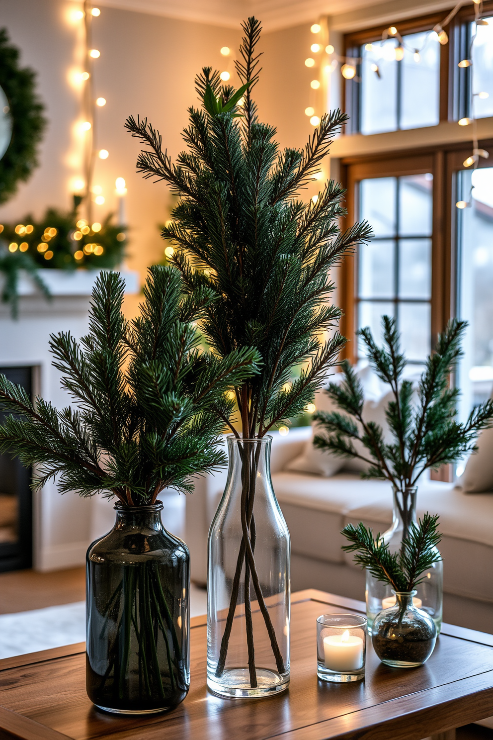 Create a cozy and festive living room filled with the warmth of the holiday season. Pine branches are elegantly arranged in various vases placed throughout the space, adding a natural touch to the Christmas decor. The vases are of different heights and styles, showcasing the beauty of the pine branches. Soft, twinkling lights are draped around the room, enhancing the festive atmosphere and creating a welcoming ambiance.