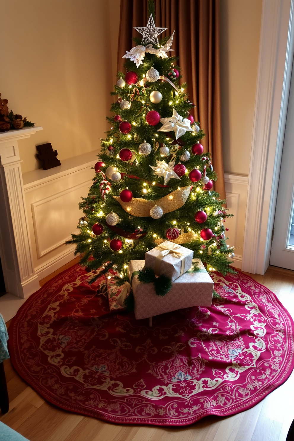 A beautifully designed Christmas tree adorned with twinkling lights and colorful ornaments stands in the corner of a cozy living room. Surrounding the base of the tree is an ornate tree skirt featuring intricate patterns and rich textures that enhance the festive decor. The tree skirt is made of luxurious fabric in deep red and gold tones, perfectly complementing the holiday theme. Soft, plush presents wrapped in shimmering paper are carefully placed on top of the skirt, adding to the enchanting atmosphere of the room.