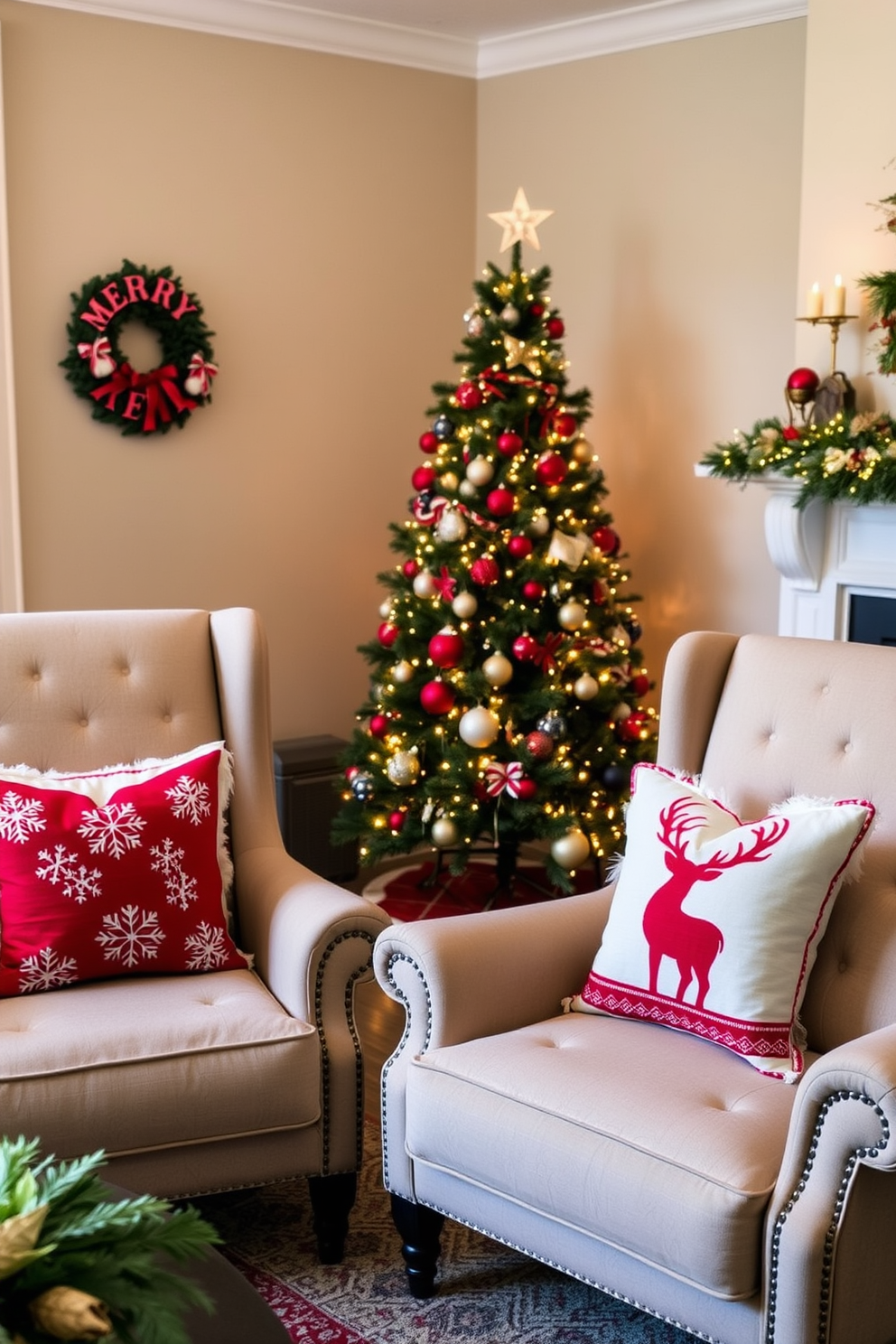 A cozy living room adorned with Christmas-themed throw pillows on plush armchairs. The pillows feature festive patterns of snowflakes and reindeer, adding a cheerful touch to the space. The room is illuminated by soft, warm lighting from a nearby fireplace. A beautifully decorated Christmas tree stands in the corner, completing the holiday ambiance.