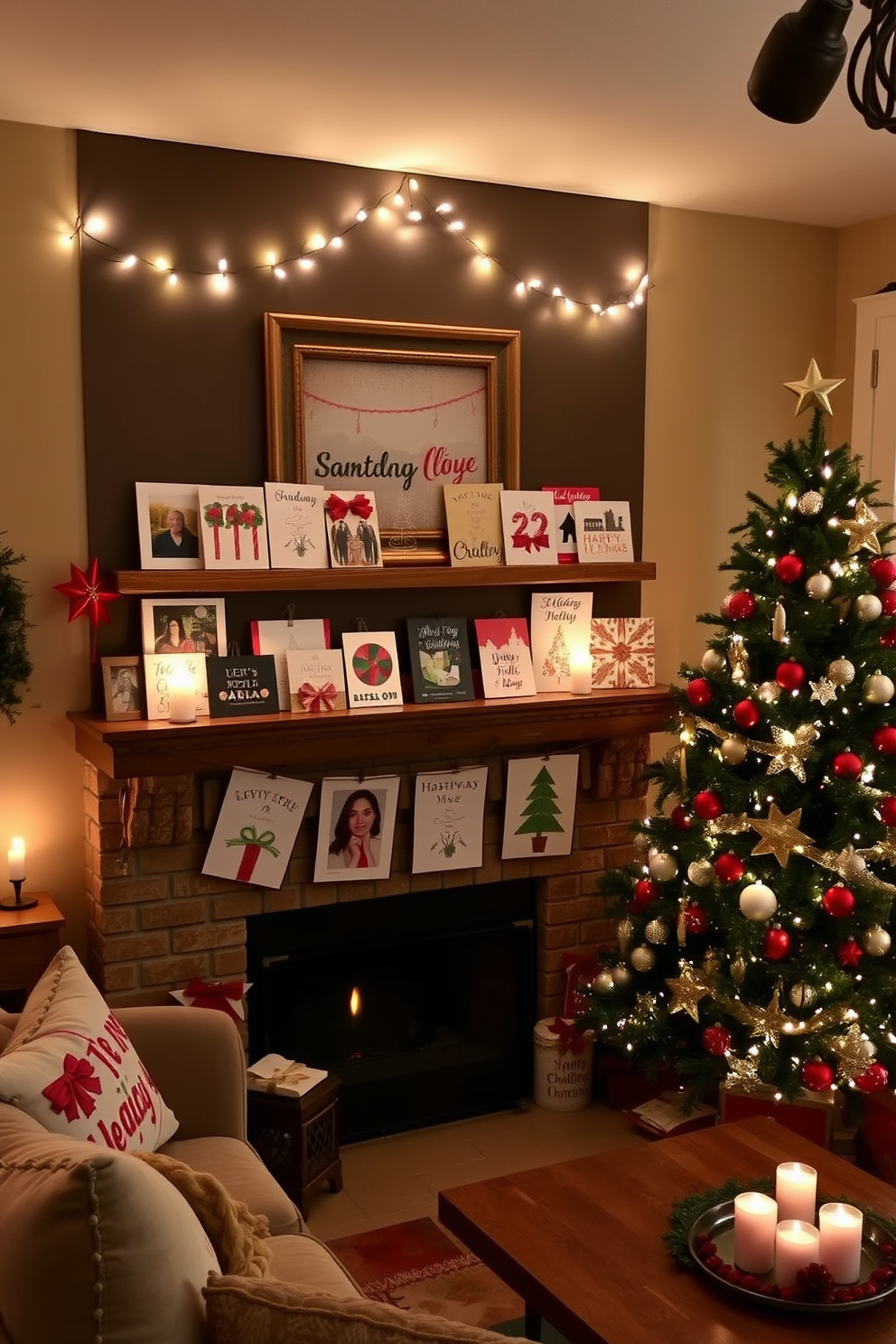 A cozy living room adorned with artfully arranged holiday cards displayed on a rustic wooden mantel. The cards feature a mix of traditional and modern designs, creating a festive atmosphere with twinkling string lights draped above. A beautifully decorated Christmas tree stands nearby, adorned with ornaments in shades of red and gold. The room is filled with the warm glow of candles, enhancing the inviting ambiance of the holiday season.