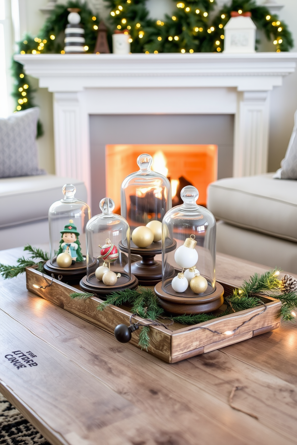 A cozy living room adorned with vintage ornaments displayed in glass cloches. The cloches are arranged on a rustic wooden coffee table, surrounded by twinkling fairy lights and evergreen garlands.