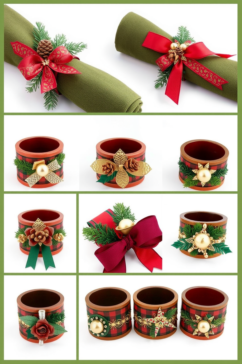 Create a collection of festive napkin rings designed for elegant dinner parties. Each napkin ring should feature a unique holiday theme, incorporating elements like pinecones, ribbons, and metallic accents to enhance the Christmas decor. The napkin rings should be crafted from materials such as wood, metal, or fabric, showcasing a blend of traditional and contemporary styles. Consider using rich colors like deep red, green, and gold to evoke a warm and inviting holiday atmosphere.