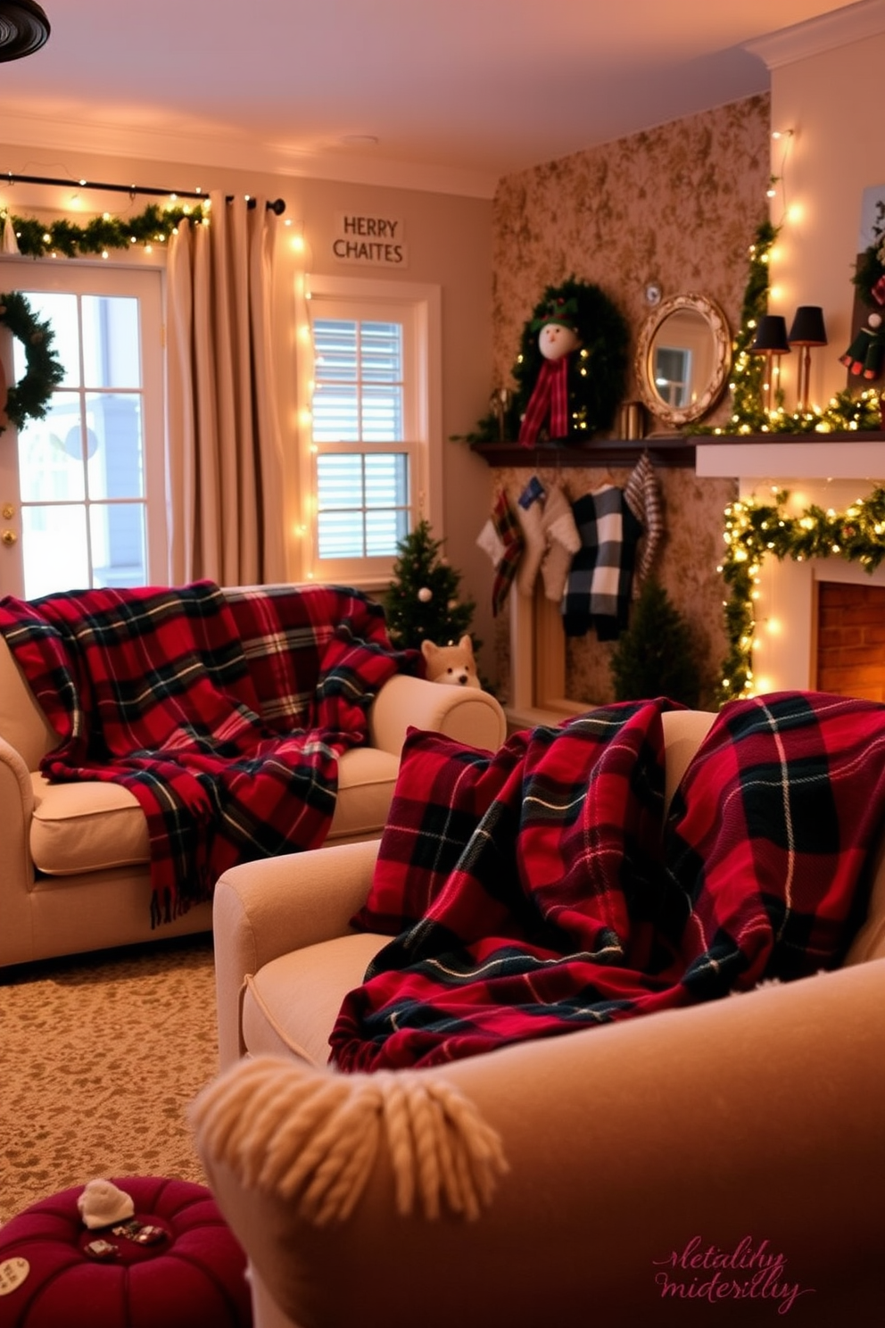 A cozy living room adorned with plaid throw blankets draped over plush sofas. The space is warmly lit by soft string lights, creating a festive atmosphere perfect for holiday gatherings.