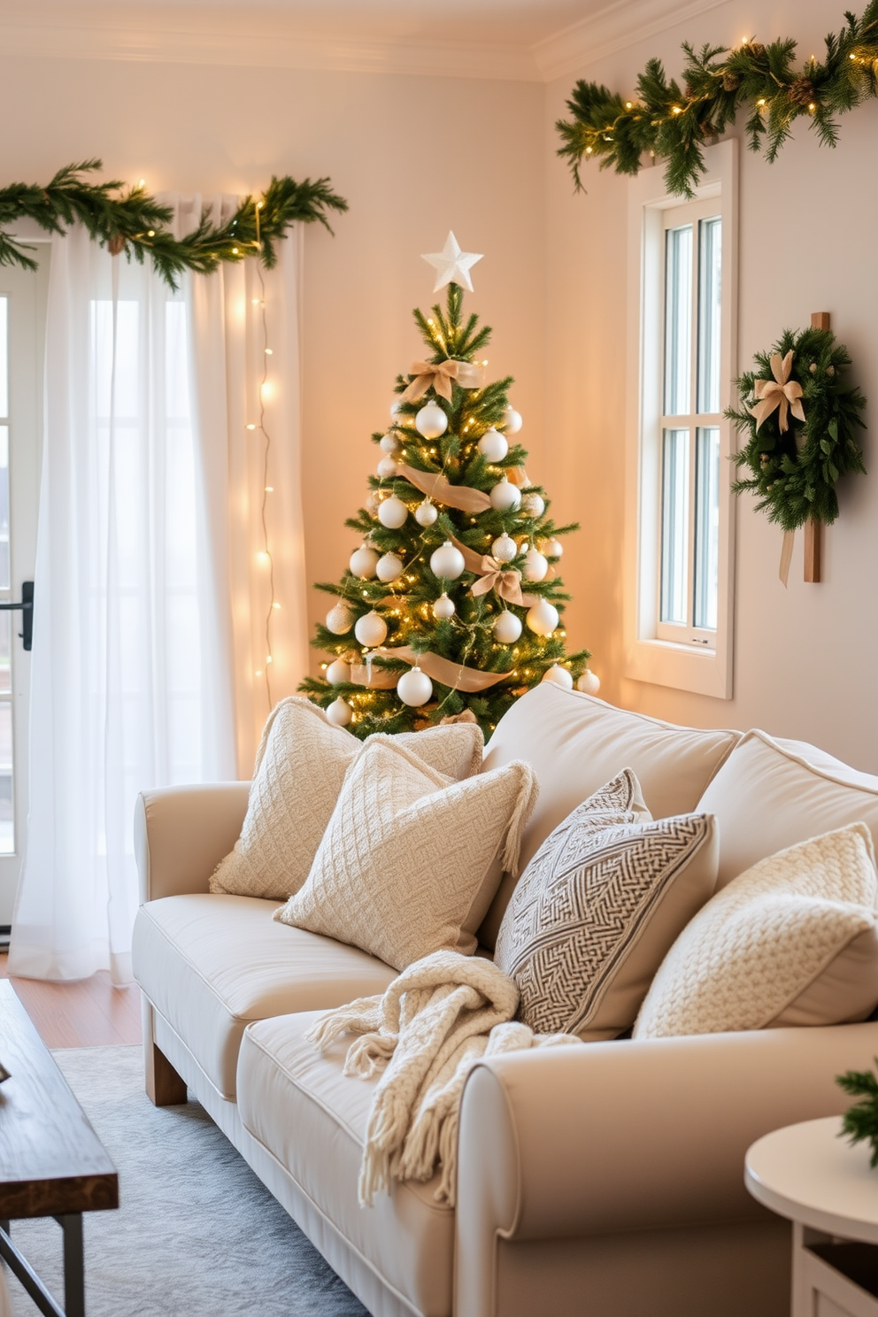 A cozy living room adorned with festive decor for the Christmas season. The space features a neutral color palette with soft whites and warm beiges, accented by natural greenery and twinkling fairy lights. A beautifully decorated Christmas tree stands in the corner, draped with simple white ornaments and burlap ribbons. A plush cream-colored sofa is adorned with knitted throw blankets and decorative pillows, creating an inviting atmosphere for holiday gatherings.