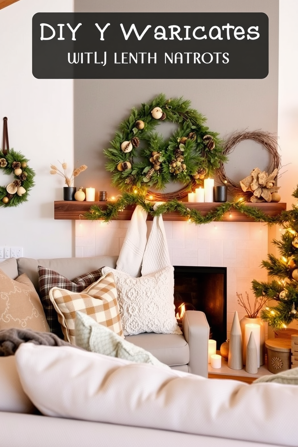 Create a cozy living room adorned with DIY wreaths made from natural materials. The wreaths are hung on the walls and draped over the mantel, surrounded by warm, ambient lighting and festive decorations. Incorporate elements like pinecones, dried oranges, and twigs into the wreath designs for a rustic touch. The overall color palette features earthy tones, complemented by soft textiles and seasonal accents throughout the space.