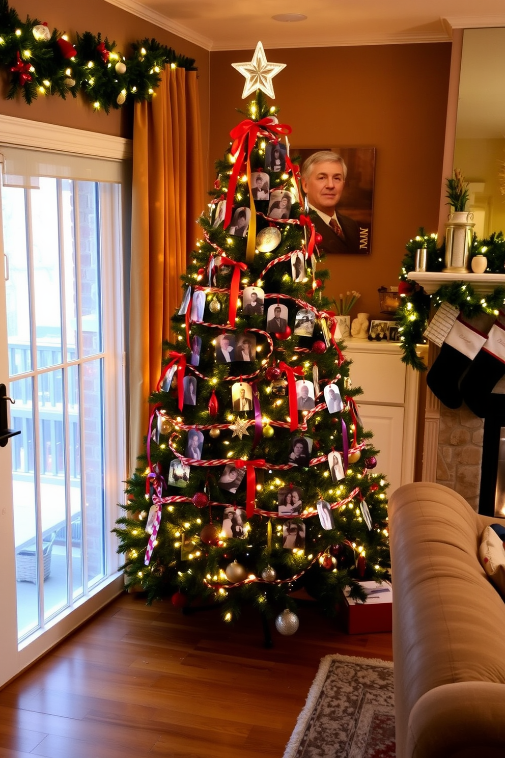 A beautifully adorned Christmas tree stands in the corner of a cozy living room. The tree is decorated with family photos hung on colorful ribbons, creating a personal touch and nostalgic warmth. Surrounding the tree, festive decorations include twinkling lights and handmade ornaments. The room is filled with holiday cheer, featuring a plush area rug and stockings hung by the fireplace.