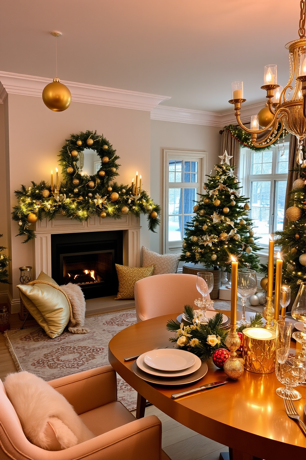 A cozy living room adorned with gold and silver accents creating a festive atmosphere. The fireplace mantel is decorated with shimmering garlands, and elegant ornaments hang from the ceiling. Plush cushions in rich fabrics complement the theme, while a beautifully set dining table features sparkling silverware and golden centerpieces. Twinkling fairy lights illuminate the space, enhancing the warm ambiance of the holiday season.