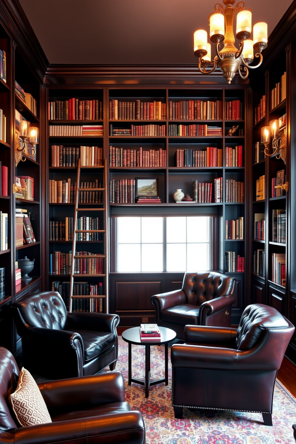 Elegant dark wood bookshelves stretch from floor to ceiling, showcasing a curated collection of books and decorative items. A rolling ladder rests against the shelves, adding a touch of classic charm to the home library setting. Rich, warm lighting emanates from ornate sconces, casting a cozy glow across the room. Plush leather armchairs are positioned in inviting arrangements, creating perfect reading nooks throughout the space.